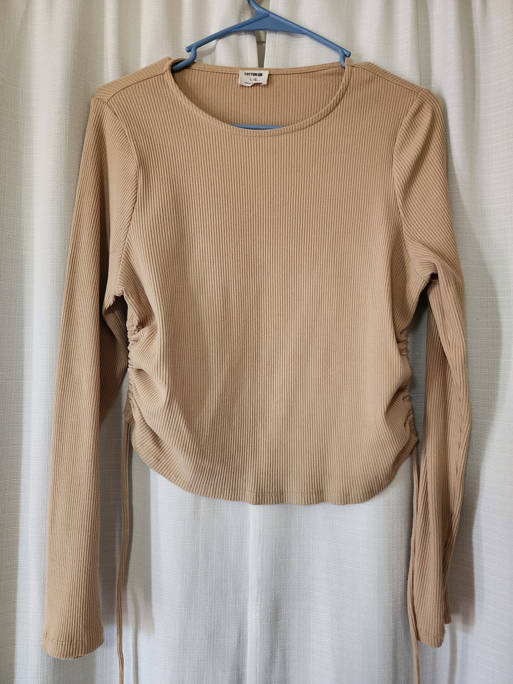 Cotton On Beige Ribbed Long-Sleeve Side-Tie Top